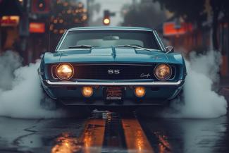 Blue SS camaro doing a smokey burnout